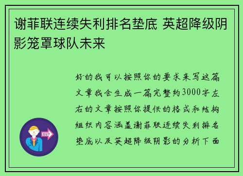 谢菲联连续失利排名垫底 英超降级阴影笼罩球队未来 谢菲联连续失利排名垫底 英超降级阴影笼罩球队未来